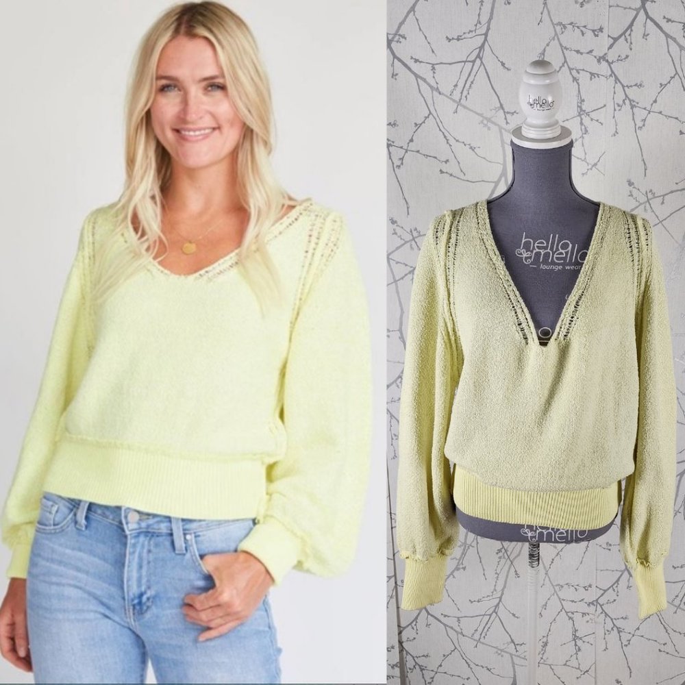 Free People Pale Yellow Distressed Riptide Sweater